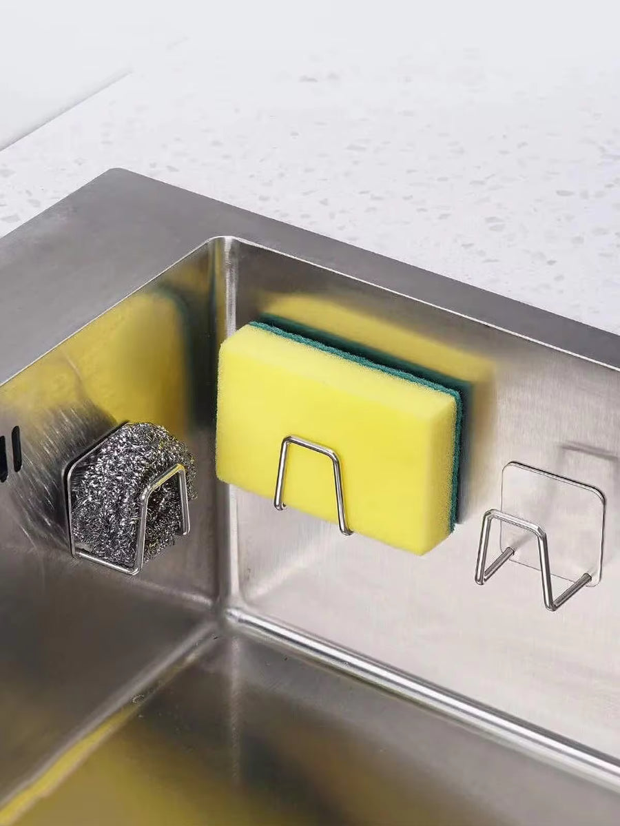 1/2pcs Stainless Steel No-Drill Sink Sponge Holder - Self-Adhesive Kitchen Drain Rack With Drainage Grille, Multi-Purpose Sponge & Soap Holder